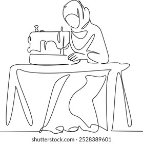 Una sola línea de dibujo continua de arte plano doodle persona, costura, modista, ocupación, habilidad, textil, trabajo, ropa, mujer, sastre. Contorno de dibujo de la mano de Imagen aislada sobre un fondo blanco