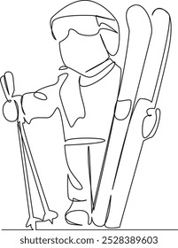 Eine durchgehende einzelne Zeichnung Linie Kunst flach doodle Kind, Winter, Spaß, Ski, Schnee, Junge, Kindheit, Helm, Sport, Mädchen. Kontur für handgezeichnetes Einzelbild auf weißem Hintergrund