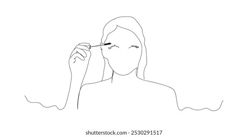 One continuous single drawing line art flat doodle eye, eyelash, cosmetic, face, fashion, makeup, beauty, woman, mirror. Hand made vector not AI