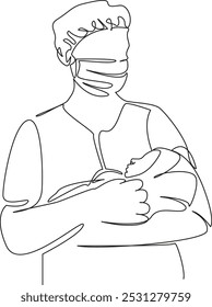 One continuous single drawing line art flat doodle new life, adult, white people, hospital, newborn, doctor, people, care, horizontal, nurse. Isolated image hand draw contour on a white background