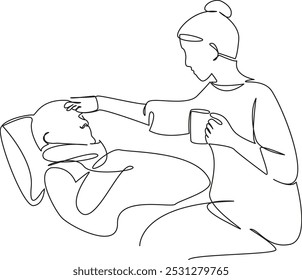 One continuous single drawing line art flat doodle person, care, woman, adult, patient, female, indoor, horizontal, assistance. Isolated image hand draw contour on a white background