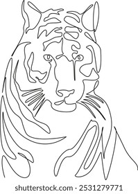 One continuous single drawing line art flat doodle tiger, animal, mammal, carnivore, wildlife, portrait, nature, big cat, striped, danger. Isolated image hand draw contour on a white background