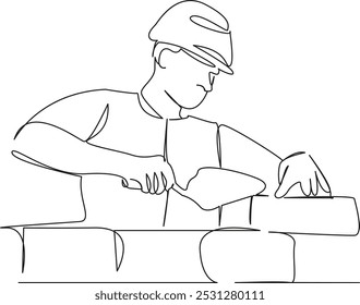 One continuous single drawing line art flat doodle brick, men at work, cement, construction, working, bricklayer, labourer, industry, mason. Isolated image hand draw contour on a white background
