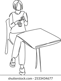 Una sola línea de dibujo continua de arte plano doodle persona, café, mujer, limonada, estilo de vida, bebida, verano, beber, mesa. Contorno de dibujo de la mano de Imagen aislada sobre un fondo blanco