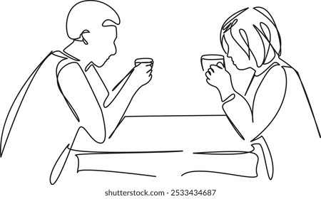 One continuous single drawing line art flat doodle person, cafe, man, woman, drink, hot drink, couple, happy, young, adult. Isolated image hand draw contour on a white background