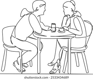 One continuous single drawing line art flat doodle cafe, person, sitting, adult, man, woman, table, young adult, lifestyle, adults only. Isolated image hand draw contour on a white background