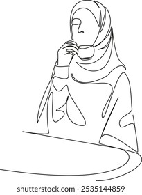 One continuous single drawing line art flat doodle Muslim girl drinking coffee in cafe, enjoying drink, relaxing. Isolated image hand draw contour on a white background