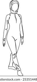 Una sola línea de dibujo continua de arte plano doodle chica musulmana en burkini caminando por la playa, el Islam moderno. Contorno de dibujo de la mano de Imagen aislada sobre un fondo blanco