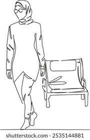 One continuous single drawing line art flat doodle Muslim woman on the beach in burkina, next to a sun lounger, modern Islam. Isolated image hand draw contour on a white background