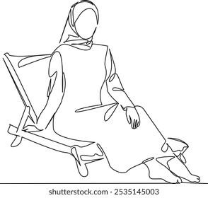 One continuous single drawing line art flat doodle person, girl, beach, sea, female, woman, lifestyle, summer, chaise lounge. Isolated image hand draw contour on a white background