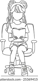 One continuous single drawing line art flat doodle person, book, chair, girl, sitting, woman, female, read, young, reading. Isolated image hand draw contour on a white background