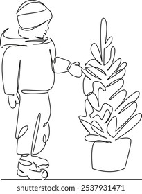 One continuous single drawing line art flat doodle boy choosing christmas tree, christmas tree, holiday, magic, gifts. Isolated image hand draw contour on a white background