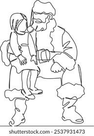 One continuous single drawing line art flat doodle child sits on santa claus lap, makes a wish, talks about gifts new year, christmas, magic. Isolated image hand draw contour on a white background