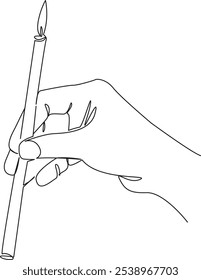 One continuous single drawing line art flat doodle candle, church, flame, horizontal, indoors, religion, spirituality, burning, person. Isolated image hand draw contour on a white background
