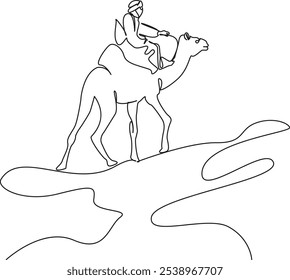 Uma linha de desenho simples contínua arte plana rabiscar camelo, animal, areia, viagem, natureza, beduíno, cavaleiro, proprietário, viagem. Mão de imagem isolada desenhar contorno em um fundo branco
