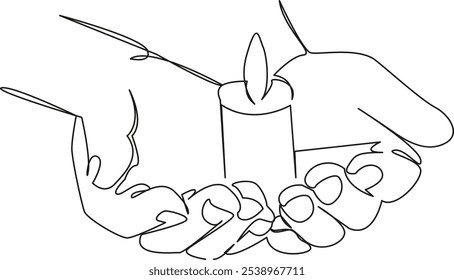 Una sola línea de dibujo continua de arte plano doodle vela, mano, llama, palma, religión, sostenimiento, luz, fuego, esperanza, ardiendo. Contorno de dibujo de la mano de Imagen aislada sobre un fondo blanco