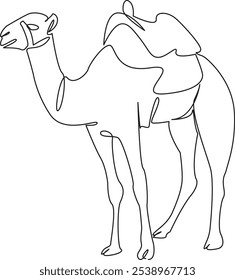 One continuous single drawing line art flat doodle camel, animal, nature, travel, sand, brown, horizontal, mammal, wildlife. Isolated image hand draw contour on a white background