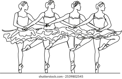 One continuous single drawing line art flat doodle elegance, ballet, tutu, beauty, dancer, performance, dancing, grace, ballerina, person. Isolated image hand draw contour on a white background