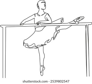 Una sola línea de dibujo continua de arte plano doodle ballet, persona, bailarín de ballet, gracia, interior, práctica, bailarín, flexibilidad, barra. Contorno de dibujo de la mano de Imagen aislada sobre un fondo blanco