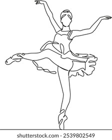 One continuous single drawing line art flat doodle ballet, action, balance, dance, dancer, elegance, performance, performer, ballerina. Isolated image hand draw contour on a white background