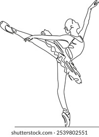 Una sola línea de dibujo continua de arte plano doodle ballet, bailarín, elegancia, gracia, una persona, rendimiento, flexibilidad, personas, tutu. Contorno de dibujo de la mano de Imagen aislada sobre un fondo blanco