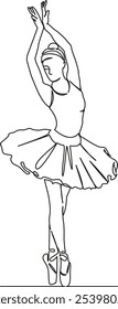 One continuous single drawing line art flat doodle ballet, grace, person, dancer, dancing, elegance, performance, tutu, woman, performer. Isolated image hand draw contour on a white background