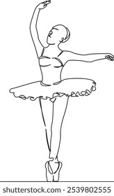 One continuous single drawing line art flat doodle dance, dancer, performance, balance, pose, ballerina, ballet, studio, woman, girl. Isolated image hand draw contour on a white background