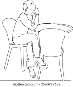 Una sola línea de dibujo continua de arte plana doodle chica sentada en la cafetería, relajante, reunión, comida, café, descanso para el almuerzo, esperando. Contorno de dibujo de la mano de Imagen aislada sobre un fondo blanco