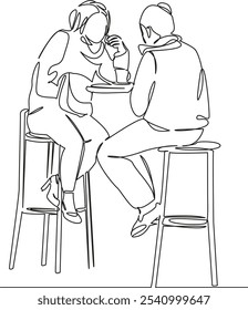 Una línea de dibujo simple continua de arte plano doodle dos chicas sentadas en un café, en la calle, relajándose, charlando, reuniéndose, comida, café. Contorno de dibujo de la mano de Imagen aislada sobre un fondo blanco