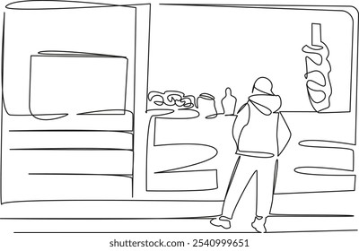 One continuous single drawing line art flat doodle man buys shawarma at kiosk, takeaway, fast food, delicious, national dish. Isolated image hand draw contour on a white background