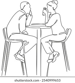 Uma única linha de desenho contínua arte plana rabiscar mulher e homem sentado em um café, amantes, comunicação, flerte, amizade, comer. Mão de imagem isolada desenhar contorno em um fundo branco