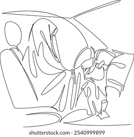 Una sola línea de dibujo continua arte plano doodle mujer musulmana en burqa conduciendo un coche, Islam moderno, mujer moderna, mujer independiente. Contorno de dibujo de la mano de Imagen aislada sobre un fondo blanco