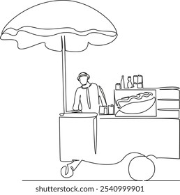 One continuous single drawing line art flat doodle hot dog stand, vendor, fast food, food on the go, street food, sausages, bread, tasty. Isolated image hand draw contour on a white background