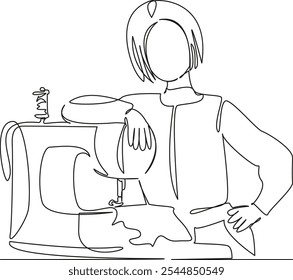 One continuous single drawing line art flat doodle woman, sewing, machine, working, smiling, adult, lifestyle, indoor. Isolated image hand draw contour on a white background, hand drawn, not AI