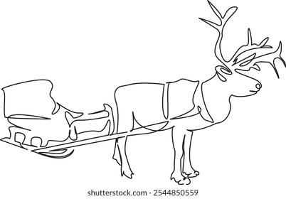 One continuous single drawing line art flat doodle christmas, reindeer, winter, sled, north, animal, snow, arctic. Isolated image hand draw contour on a white background, hand drawn, not AI