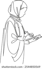 Uma única linha de desenho contínua arte plana rabiscar islam, médico feminino, medicina, hijab, vestido religioso, médico. Contorno de desenho manual de imagem isolada em um fundo branco, desenhado à mão, não AI