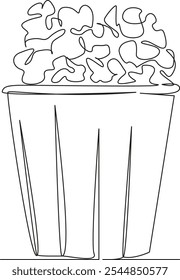 Una sola línea de dibujo continua de arte plano doodle palomitas de maíz, primer plano, comida, aislado, bocadillo, maíz, tazón, pop. Contorno de dibujo de la mano de la Imagen aislada en un fondo blanco, dibujado a mano, no AI