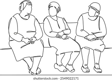 One continuous single drawing line art flat doodle three elderly ladies are sitting on a bench and talking. Isolated image hand draw contour on a white background, hand drawn, not AI