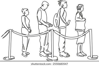 One continuous single drawing line art flat doodle queue behind the barrier tape, queue at the airport, people at the bank. Isolated image hand draw contour on a white background, hand drawn, not AI