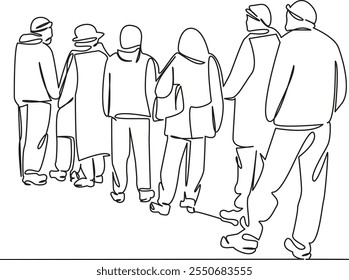 Uma fila contínua de rabiscos chatos de arte de desenho simples, fila de pessoas, homens e mulheres de pé atrás uns dos outros. Contorno de desenho manual de imagem isolada em um fundo branco, desenhado à mão, não AI