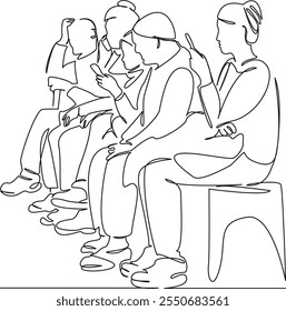 One continuous single drawing line art flat doodle People sitting in line, medicine, medical care, doctor's appointment. Isolated image hand draw contour on a white background, hand drawn, not AI