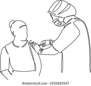 Uma única linha de desenho contínua arte plano doodle vacinação, médico dando uma vacinação, medicina, epidemia, segurança. Contorno de desenho manual de imagem isolada em um fundo branco, desenhado à mão, não AI