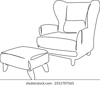 Una sola línea de dibujo continua de arte plana doodle sofá silla con otomana, reposapiés, silla cómoda, descanso después del trabajo. Contorno de dibujo de la mano de la Imagen aislada en un fondo blanco, dibujado a mano, no AI