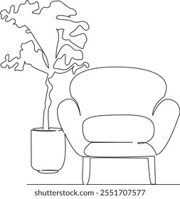 One continuous single drawing line art flat doodle armchair, flower in a pot, comfort, interior, room, relax. Isolated image hand draw contour on a white background, hand drawn, not AI