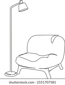 One continuous single drawing line art flat doodle chair with floor lamp, reading chair, illuminated chair, furniture. Isolated image hand draw contour on a white background, hand drawn, not AI