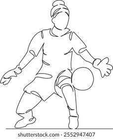 One continuous single drawing line art flat doodle girl, woman, goalkeeper catches ball, football, agility, game. Isolated image hand draw contour on a white background, hand drawn, not AI