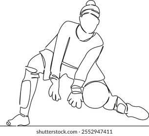 One continuous single drawing line art flat doodle girl, woman football player, goalkeeper agility catch game sport. Isolated image hand draw contour on a white background, hand drawn, not AI