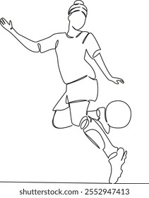 Uma linha de desenho simples contínua de arte plana rabiscar menina, mulher, futebol, menina com futebol chuta bola feint. Contorno de desenho manual de imagem isolada em um fundo branco, desenhado à mão, não AI