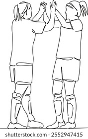 One continuous single drawing line art flat doodle girl, woman, football, game, victory, joy women's football. Isolated image hand draw contour on a white background, hand drawn, not AI