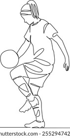 Una sola línea de dibujo continua de arte plana doodle chica, mujer jugador de fútbol, malabares de pelota, entrenamiento de precisión. Contorno de dibujo de la mano de la Imagen aislada en un fondo blanco, dibujado a mano, no AI